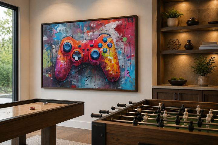 Framed graffiti canvas art of a colorful game controller hanging in a modern game room.
