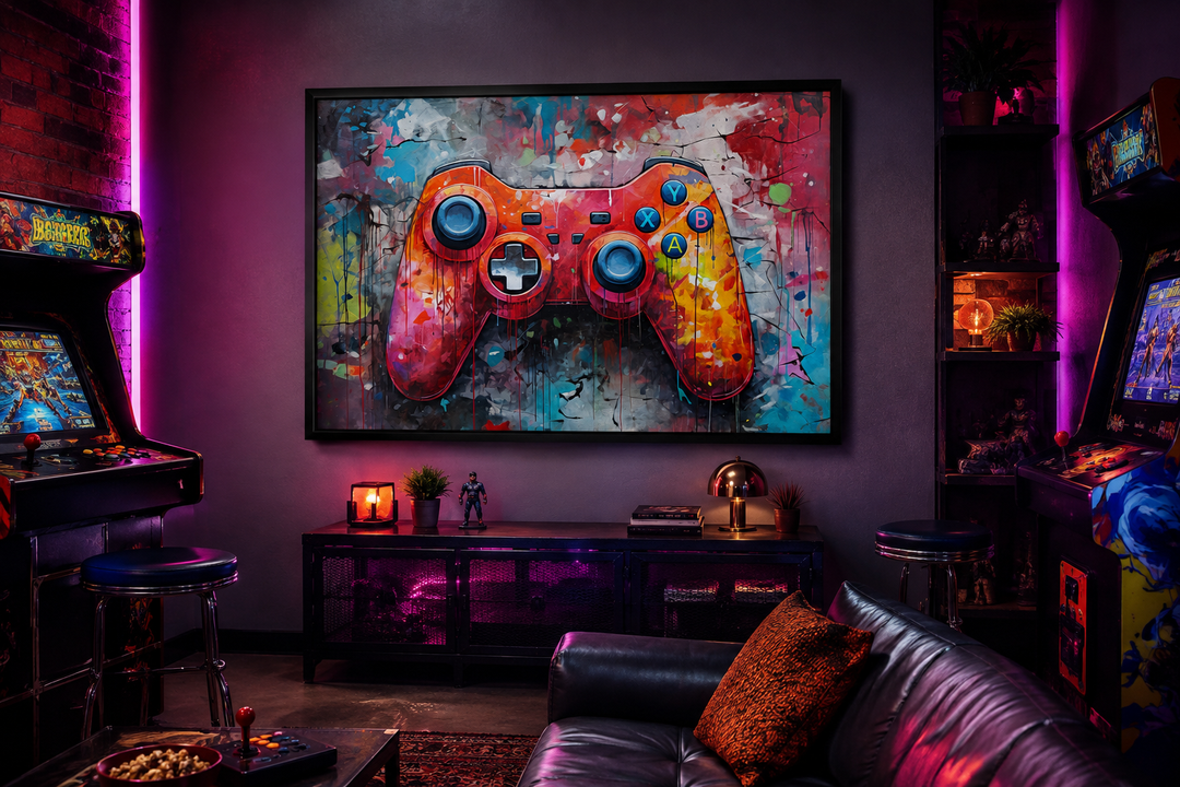 Graffiti game controller framed canvas wall art in a neon-lit game room with arcade machines.