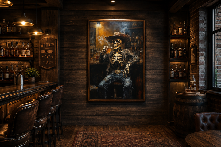 Graffiti skeleton cowboy wall art in a rustic bar setting with whiskey bottles and leather stools.