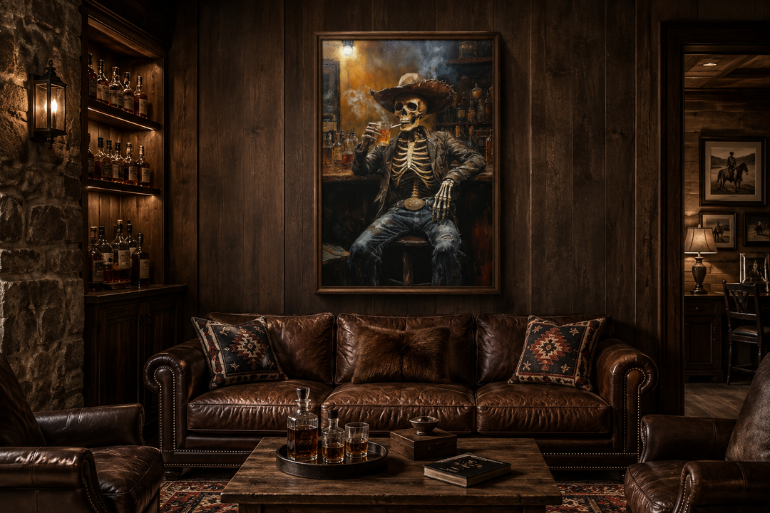 Graffiti skeleton cowboy wall art in a rustic man cave with leather sofa and wood paneling.