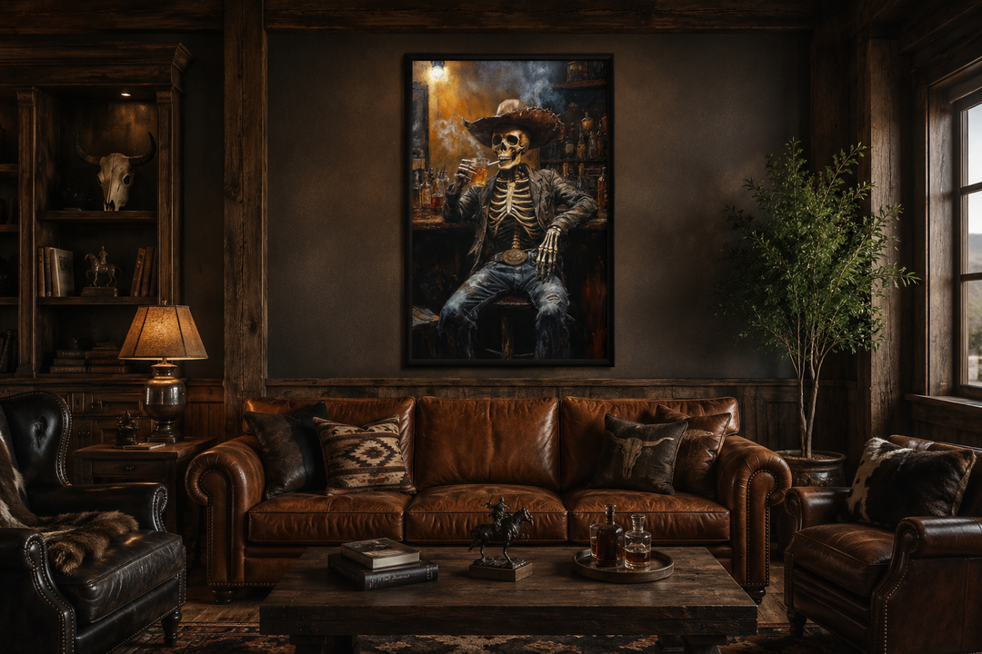 Graffiti skeleton cowboy wall art in a rustic man cave above a leather sofa.