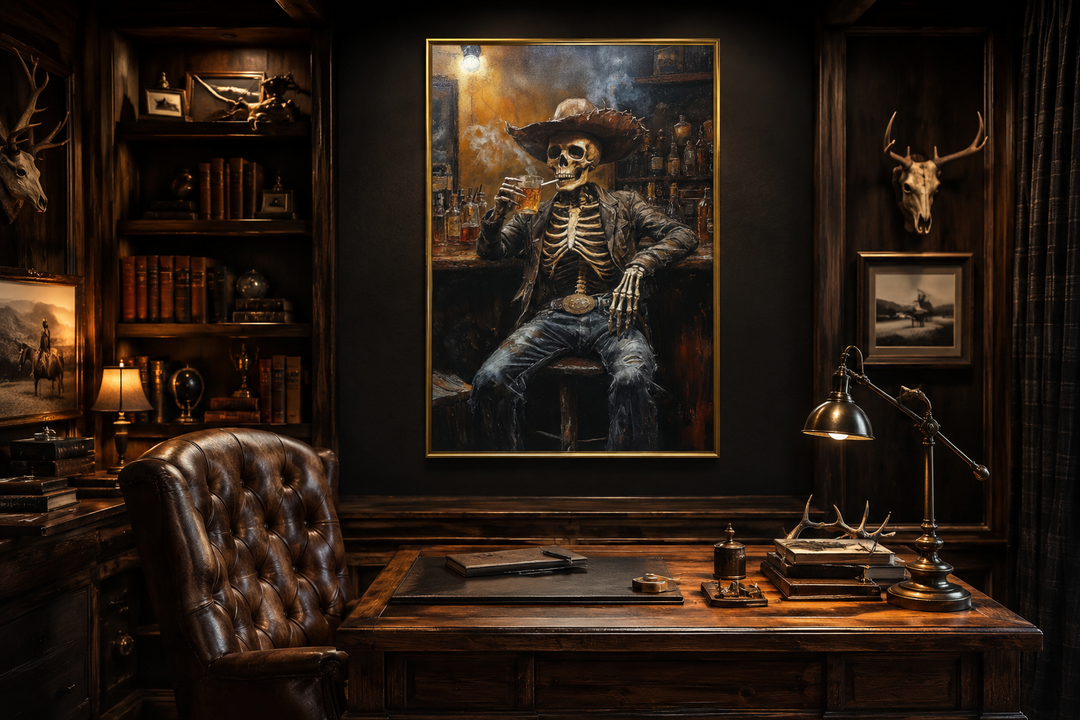 Graffiti skeleton cowboy wall art in a dark wood office with a leather chair and vintage desk.