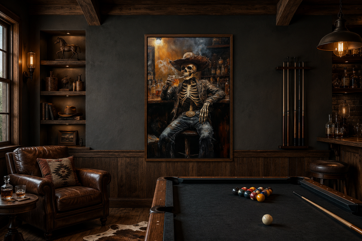 Framed wall art of a skeleton cowboy smoking and drinking in a saloon, hung in a rustic man cave.