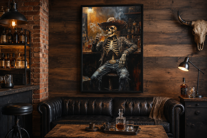 Framed graffiti skeleton cowboy wall art hanging in a rustic man cave above a black leather sofa.