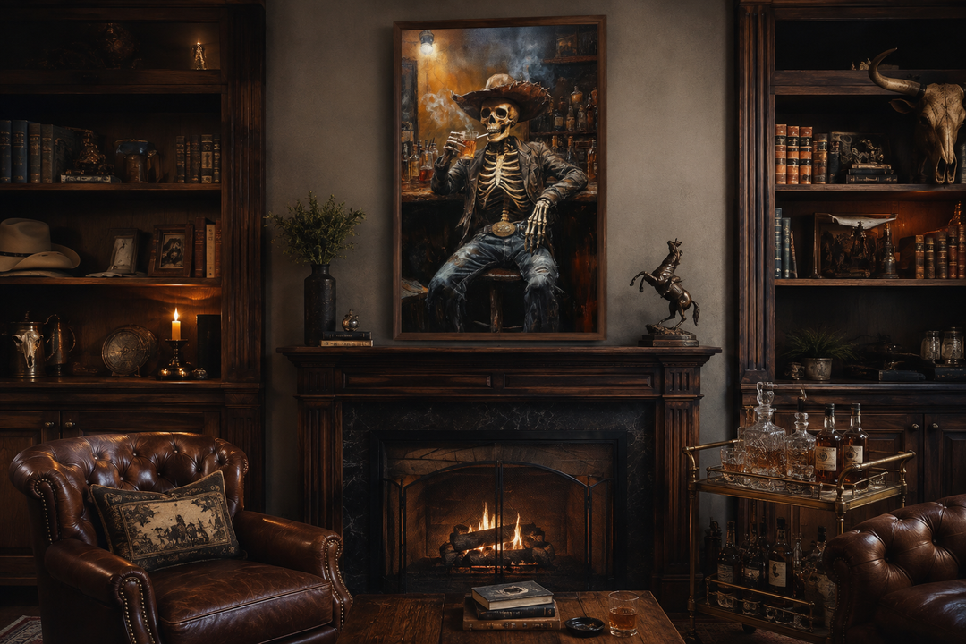 Graffiti skeleton cowboy wall art in a rustic man cave with a fireplace and leather chairs.
