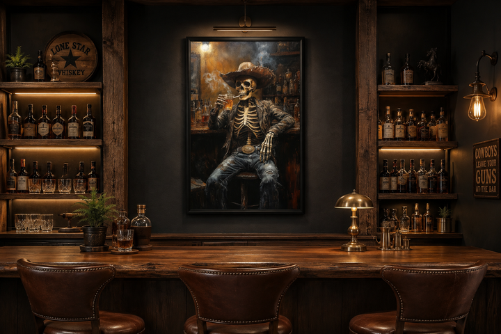Graffiti skeleton cowboy wall art in a dark western bar setting above a wooden counter.