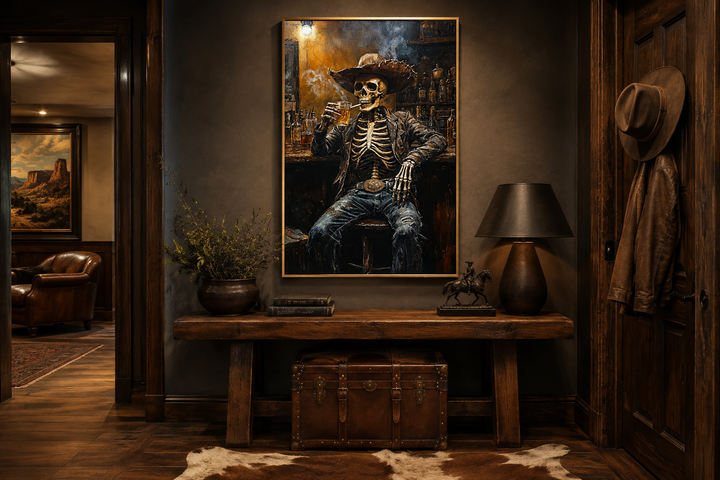 Graffiti skeleton cowboy wall art in a Western bar setting, framed above a rustic wooden console.