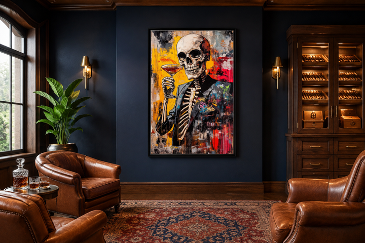 Graffiti skeleton skull with martini glass framed canvas wall art in a dark blue lounge setting.