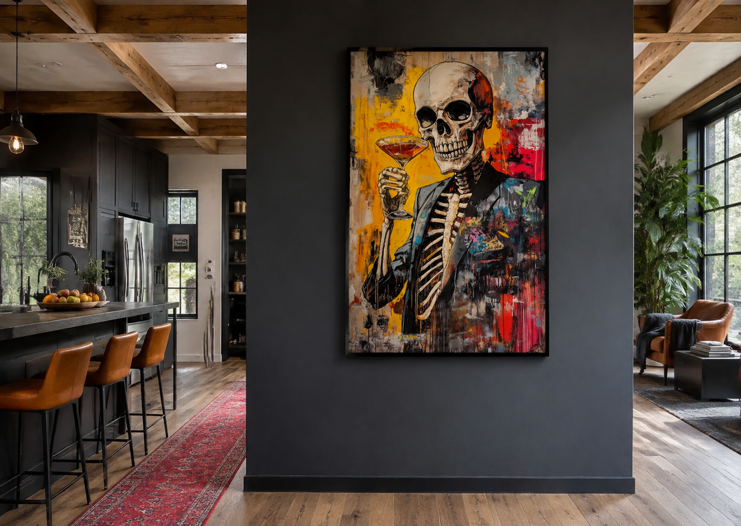 Graffiti skeleton skull in a suit holding a martini glass, framed canvas wall art in a modern room.
