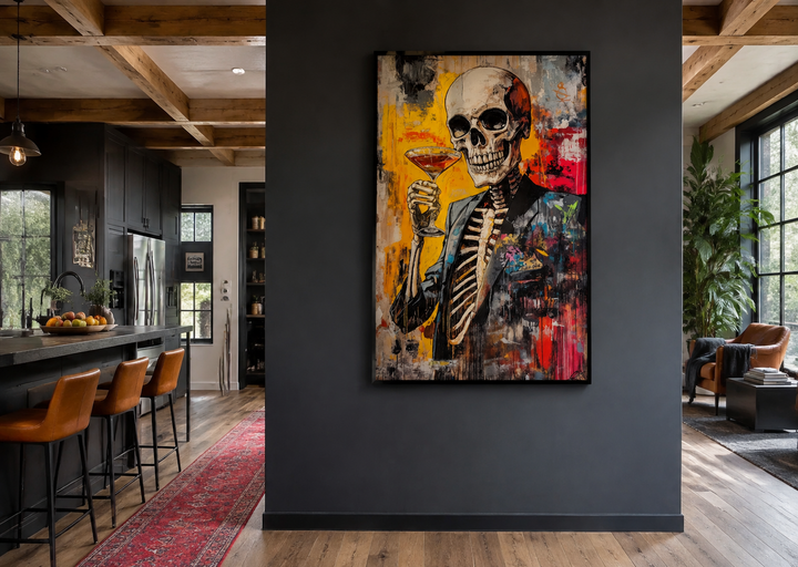 Graffiti skeleton skull in a suit holding a martini glass, framed canvas wall art in a modern room.