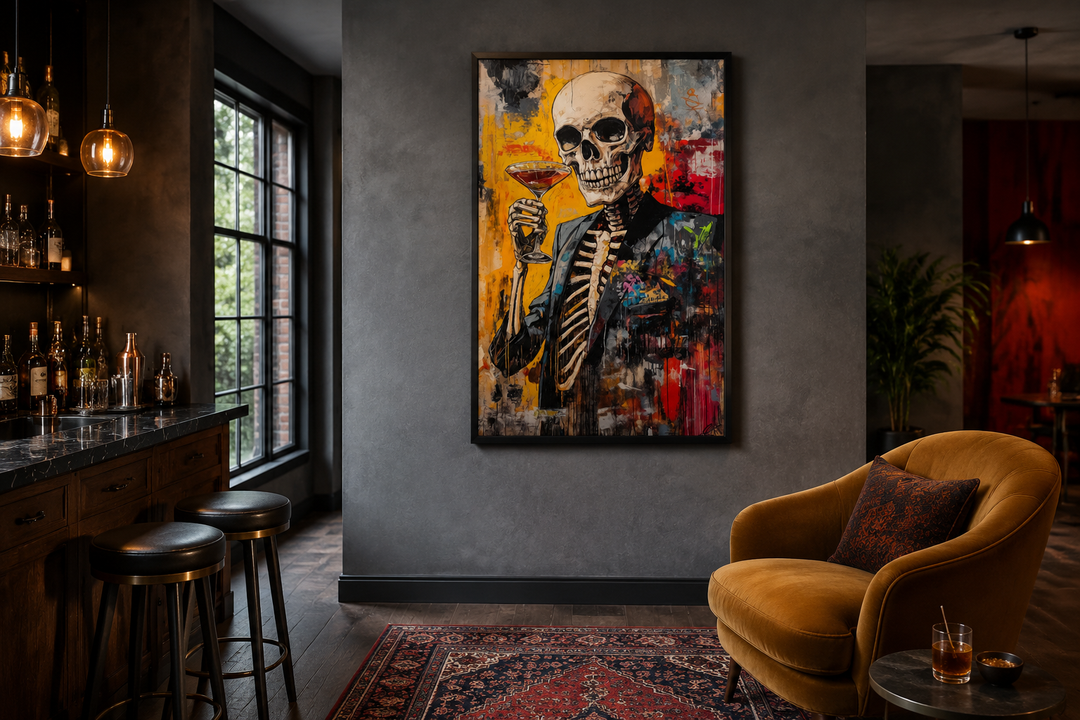 Graffiti skeleton skull with martini glass framed canvas wall art in a dark, modern lounge setting.