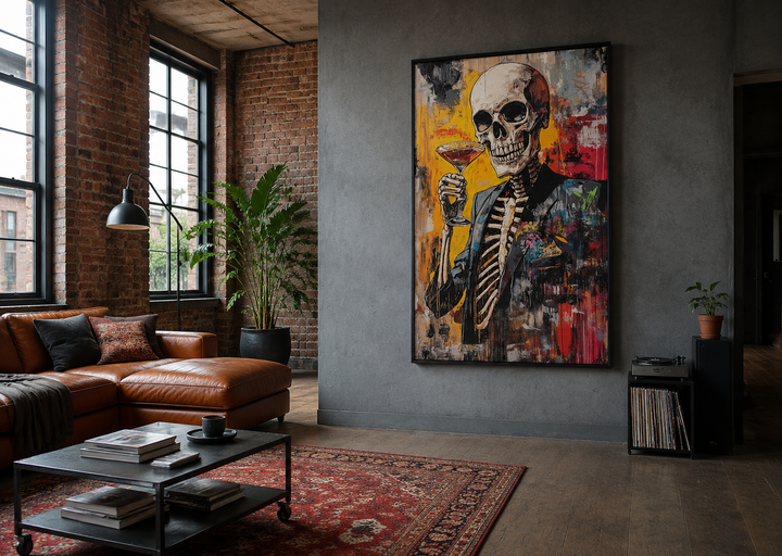 Graffiti skeleton skull with martini glass framed canvas wall art in an industrial living room.