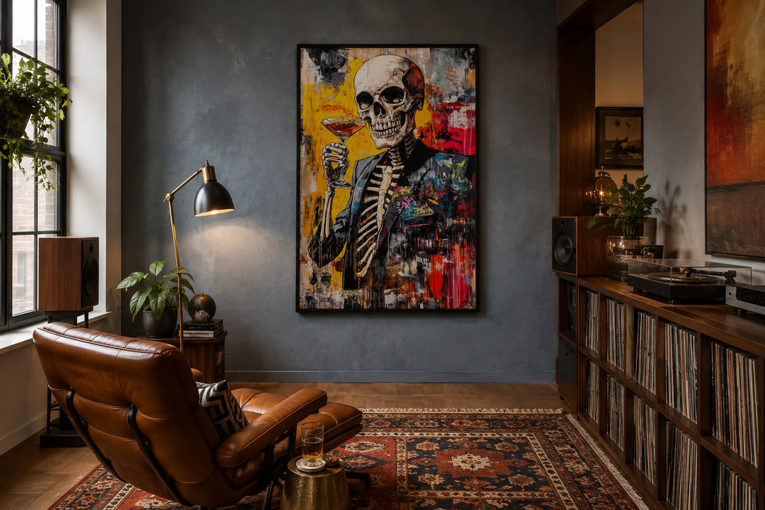 Graffiti skeleton skull with martini glass framed canvas wall art in a modern man cave setting.