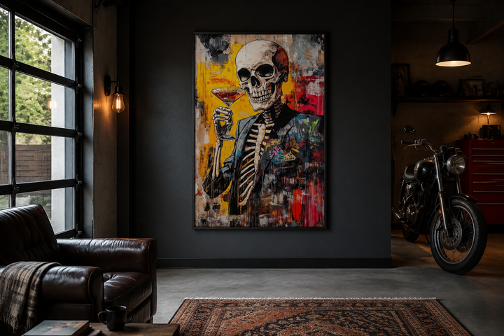 Graffiti skeleton skull with martini glass framed canvas wall art in a dark industrial man cave.