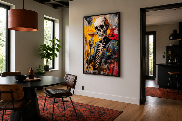 Graffiti skeleton skull with martini glass framed canvas wall art in a modern dining room.