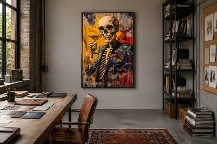 Graffiti skeleton skull with martini glass framed canvas wall art in a modern industrial office.