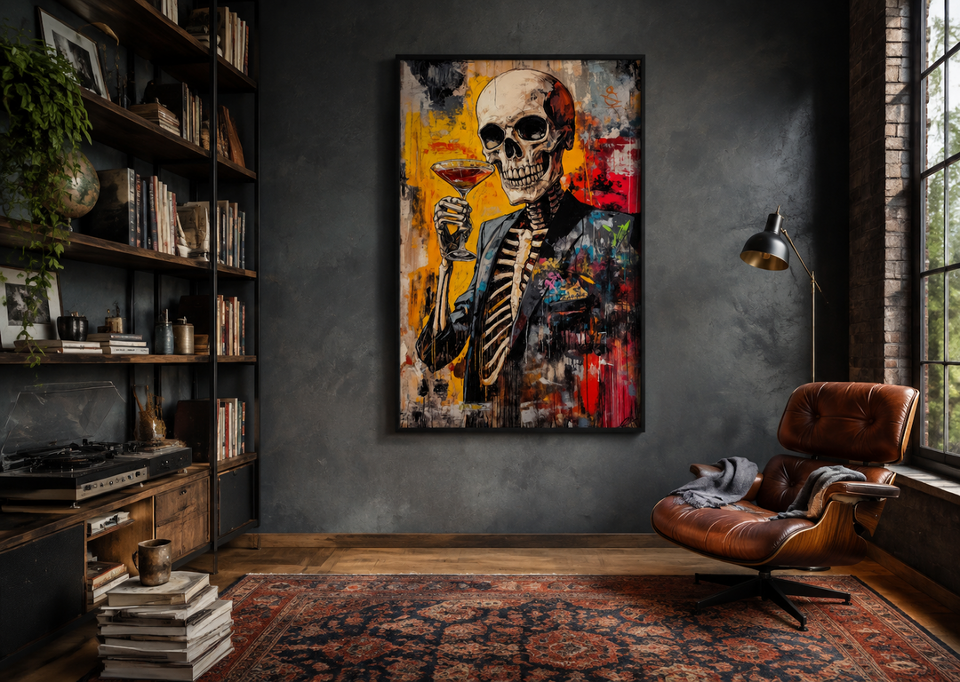 Graffiti skeleton skull with martini glass framed canvas wall art in a dark, modern room.