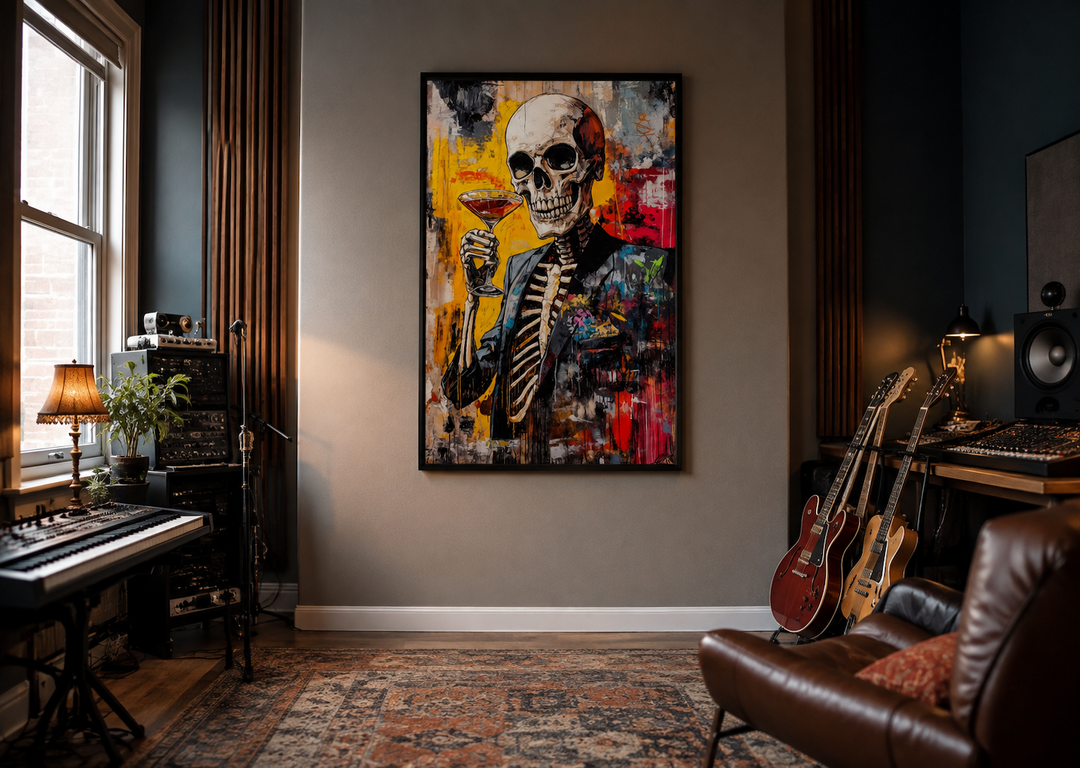 Graffiti skeleton skull with martini glass framed canvas wall art in a music studio setting.
