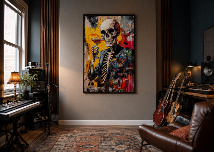 Graffiti skeleton skull with martini glass framed canvas wall art in a music studio setting.