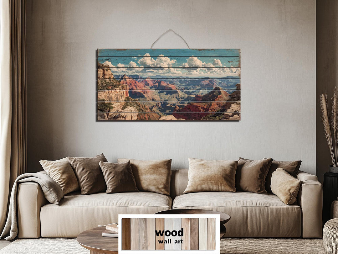 Grand Canyon landscape printed on horizontal distressed wood planks hanging above a neutral sofa.