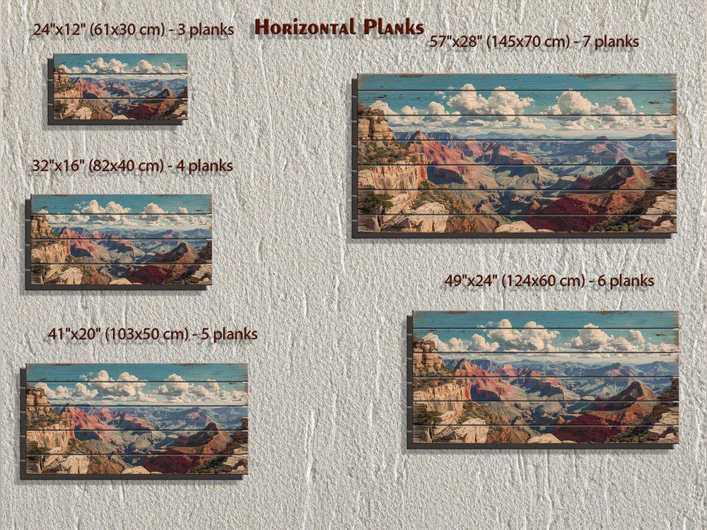 Grand Canyon landscape printed on horizontal wood planks in five sizes with a distressed finish.