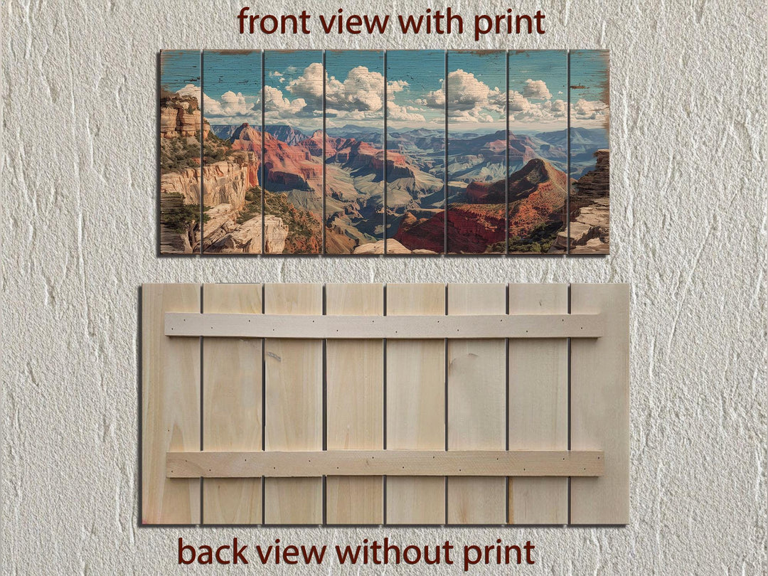 Grand Canyon landscape printed on distressed wood planks, shown from the front and back.