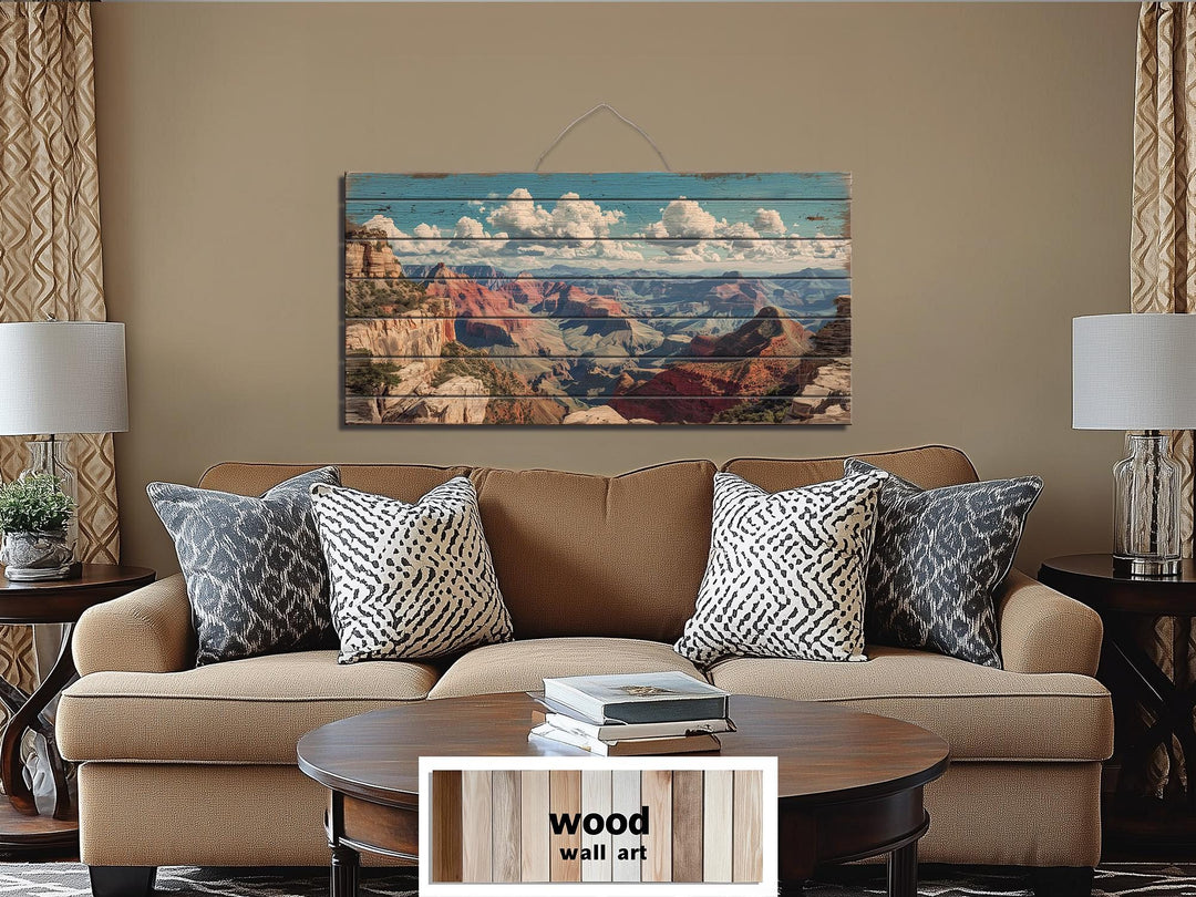 Grand Canyon landscape printed on horizontal distressed wood planks hanging above a living room sofa.