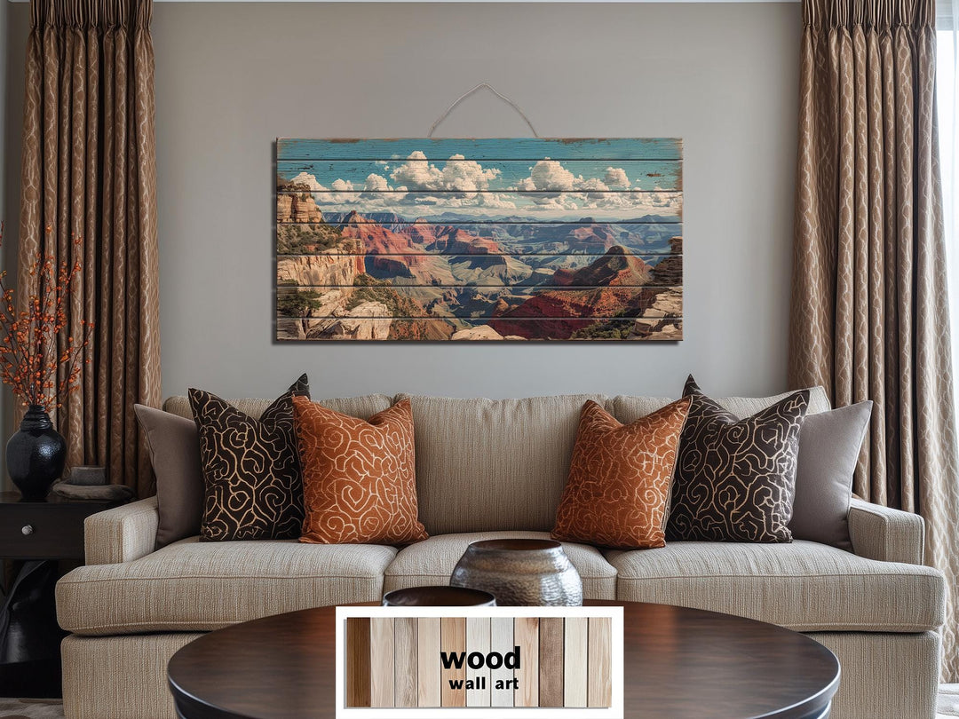 Grand Canyon landscape printed on horizontal distressed wood planks hanging above a sofa.