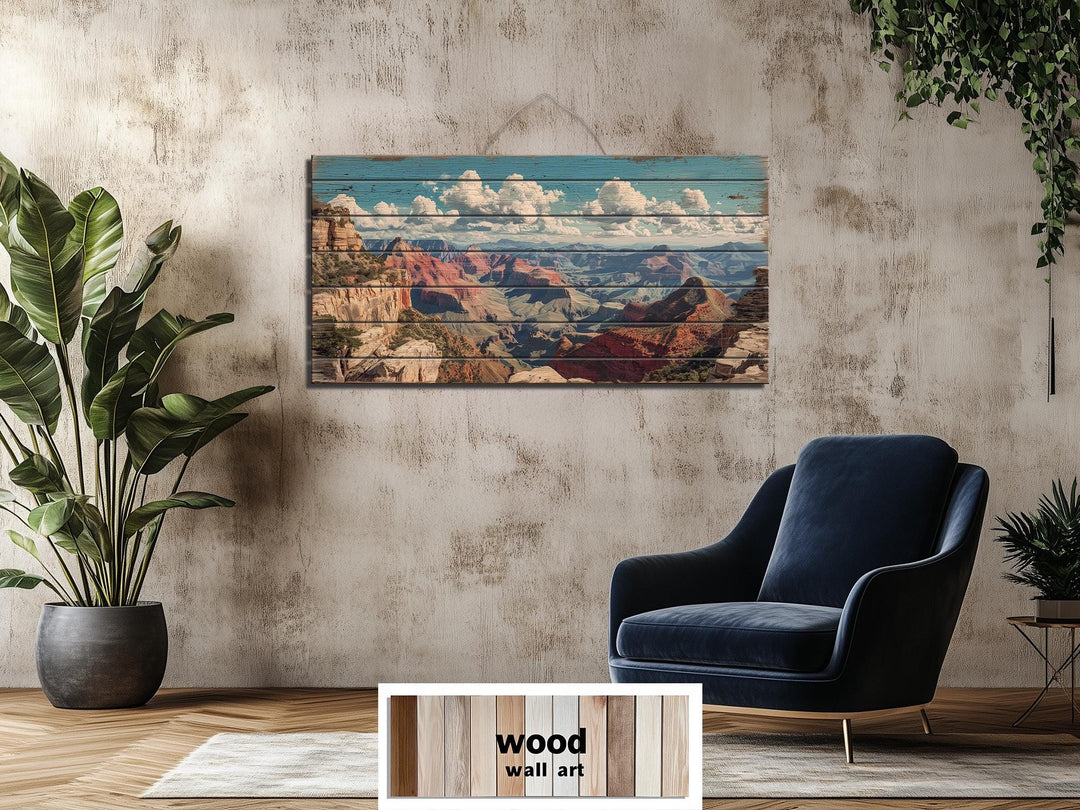 Grand Canyon landscape printed on horizontal distressed wood planks in a rustic living room.