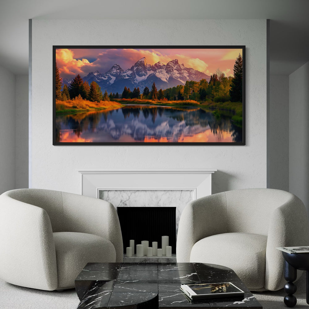 Grand Teton National Park landscape framed canvas wall art above a fireplace in a modern room.