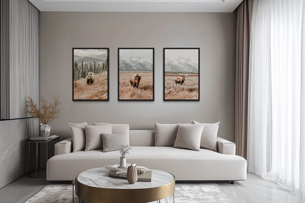Grand Teton Wildlife Wall Art Set of 3 – Neutral Color Bear, Moose, and Bison Photography Style Prints