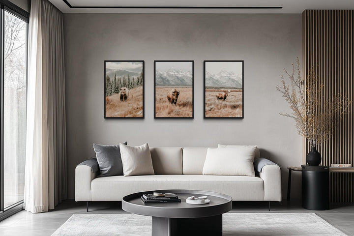 Grand Teton Wildlife Wall Art Set of 3 – Neutral Color Bear, Moose, and Bison Photography Style Prints
