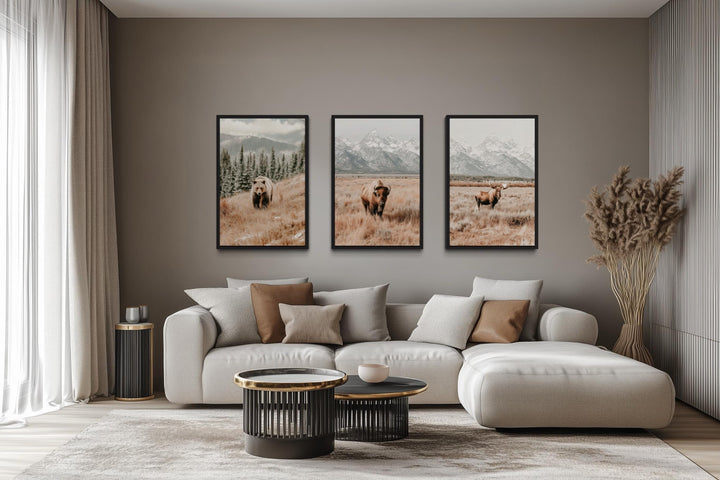 Grand Teton Wildlife Wall Art Set of 3 – Neutral Color Bear, Moose, and Bison Photography Style Prints