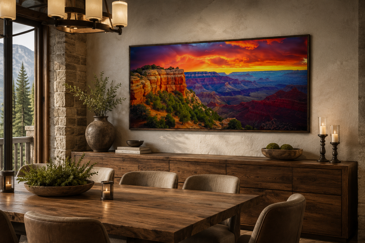 Framed Grand Canyon sunset canvas print with vibrant orange and red sky over a dining room sideboard.