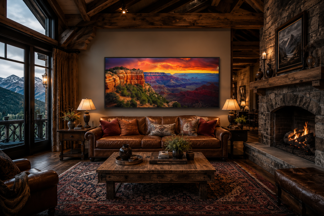 Framed panoramic canvas print of a Grand Canyon sunset hanging above a leather sofa in a rustic room