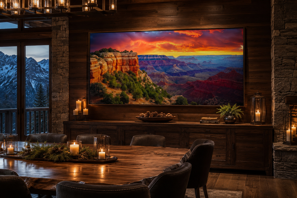 Framed Grand Canyon sunset canvas print showing vibrant orange and red sky over rugged rock layers.