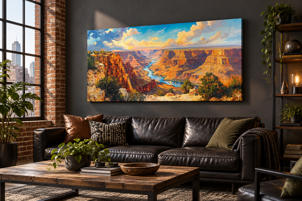 Grand Canyon extra large framed canvas wall art in a modern living room above a black leather sofa.