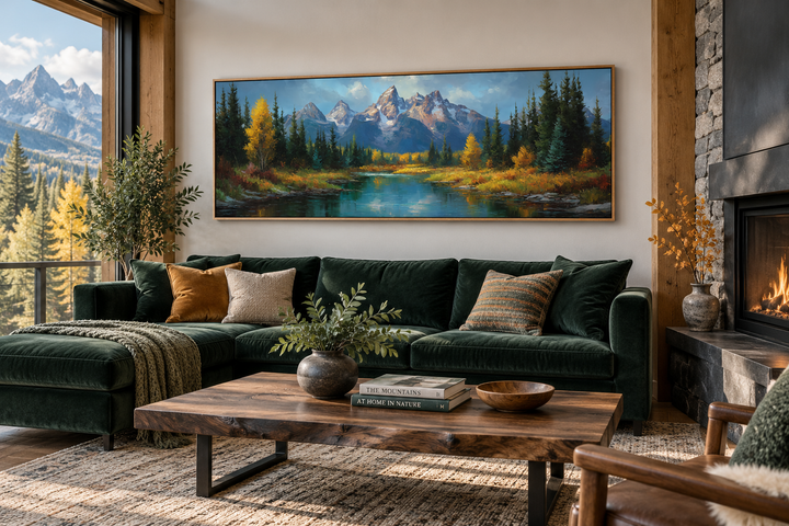 Grand Teton National Park long horizontal canvas wall art above a green sofa in a rustic room.