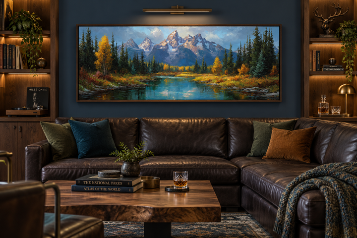 Grand Teton National Park long horizontal canvas wall art above a leather sofa in a cozy room.