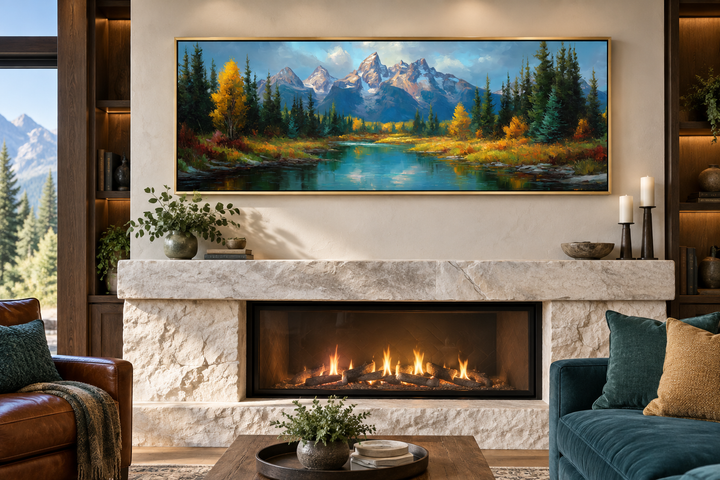 Grand Teton National Park long horizontal canvas wall art above a stone fireplace in a living room.
