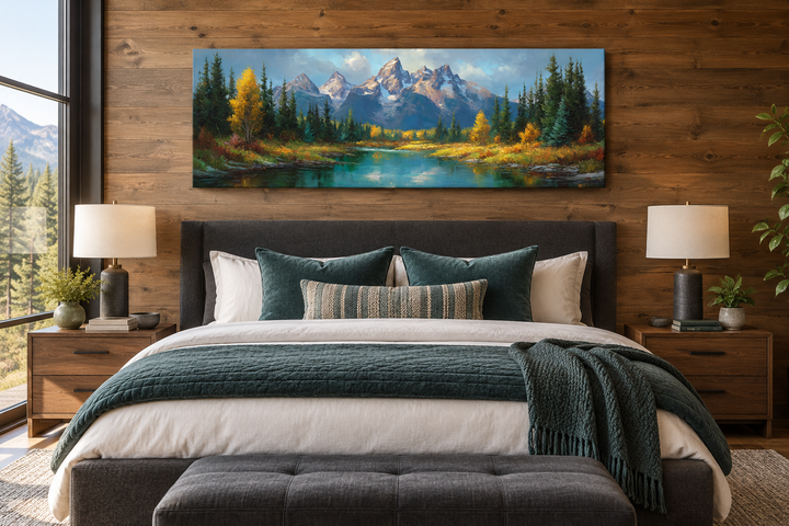 Grand Teton National Park long horizontal canvas wall art above a bed in a rustic bedroom.