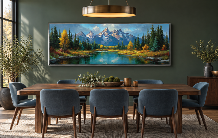 Grand Teton National Park long horizontal canvas wall art above a dining table in a modern room.