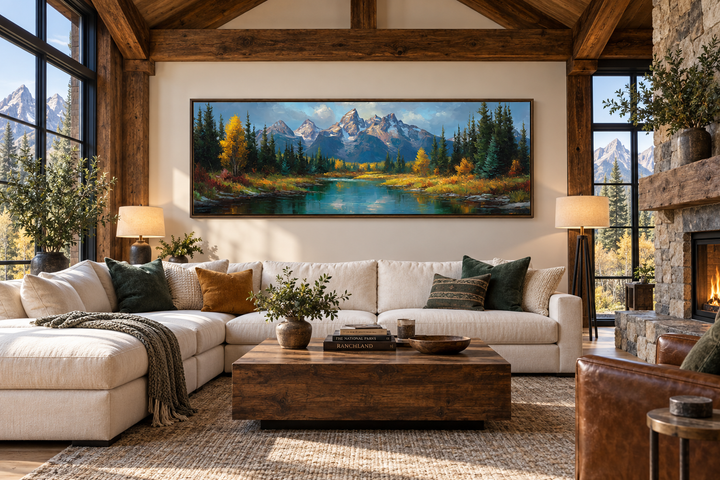 Grand Teton National Park long horizontal canvas wall art above a sofa in a rustic living room.
