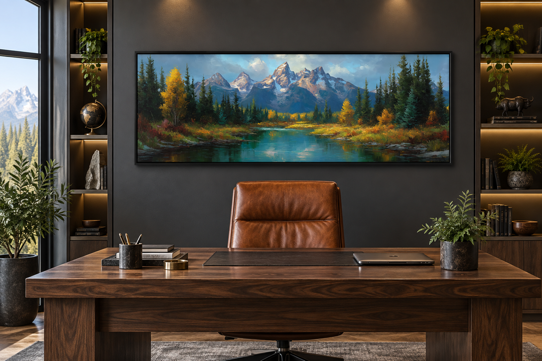 Grand Teton National Park long horizontal canvas wall art above a desk in a modern office.