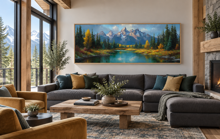 Grand Teton National Park long horizontal canvas wall art above a sofa in a rustic living room.