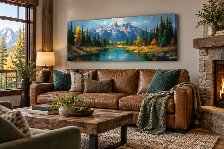 Grand Teton National Park long horizontal canvas wall art above a leather sofa in a rustic room.