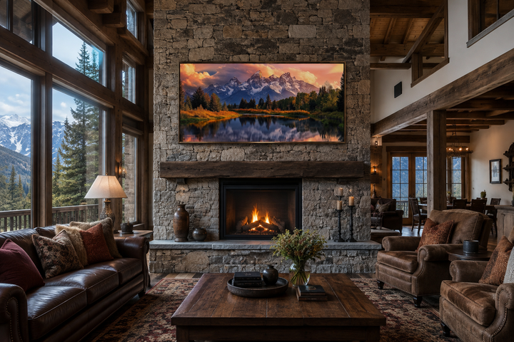 Grand Teton National Park landscape framed canvas wall art mounted above a stone fireplace.