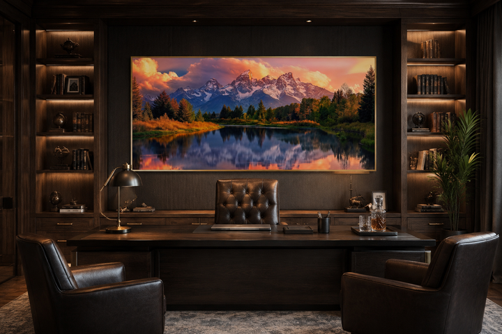 Grand Teton National Park landscape framed canvas wall art above a desk in a dark wood office.