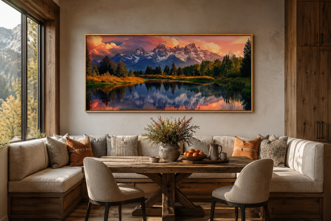 Grand Teton National Park landscape framed canvas wall art above a dining nook.