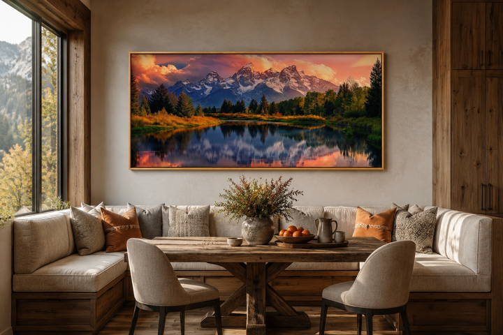 Grand Teton National Park landscape framed canvas wall art above a dining nook.